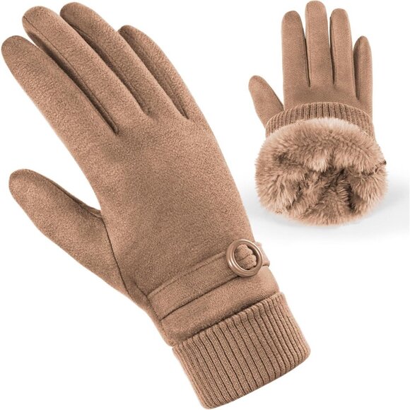 Accessories - Women's Cold Weather Winter Warm Thermal Fleece Lined Suede Brown Gloves